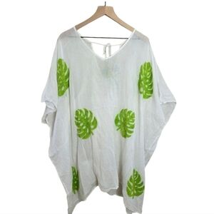 Mud Pie Tunic Top Swim Cover Sheer White Green Leaf Pattern One Size OSFM